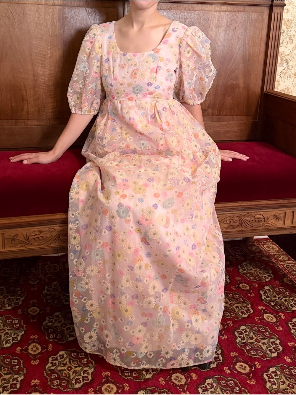 Vintage Daisy Embroidered Puff Dress